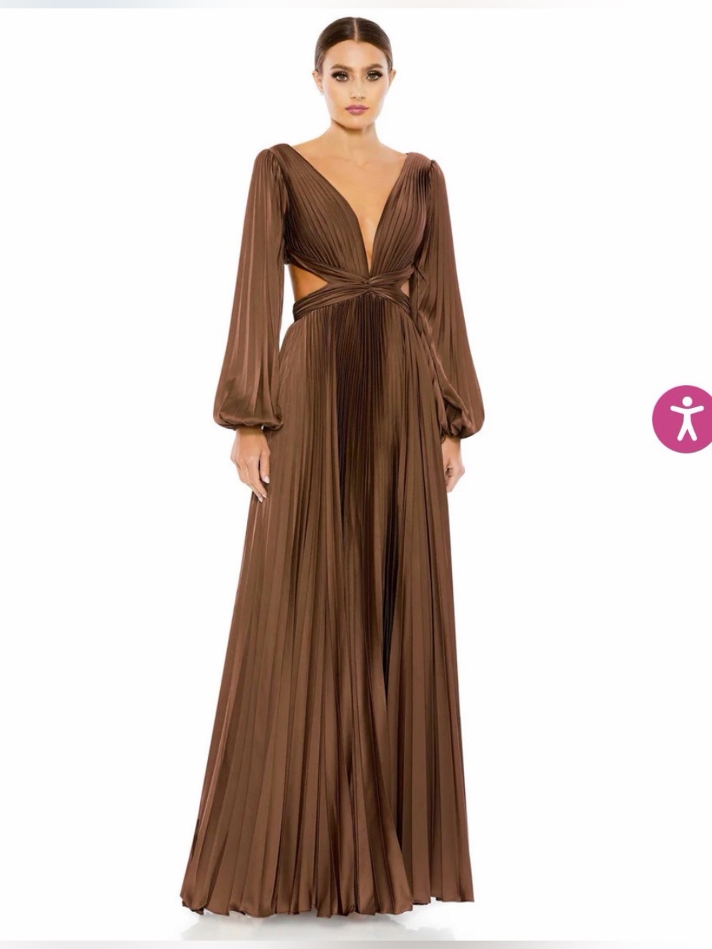 Mac Duggal Brown Pleated Long-Sleeve Cutout Gown